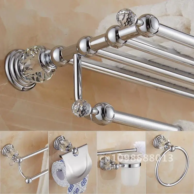 

Brass Shower Shelf Toilet Paper Holder Silver Crystal Wall set Toilet Brush Towel Bar Holder Bathroom Accessories Mounted