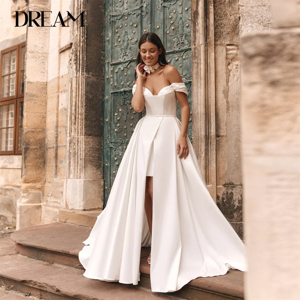 

DREAM Two-Pieces A-Line Satin Wedding Dress Off The Shoulder Strapless Open Back Pleat Bridal Gown Vestidos De Noiva Customized