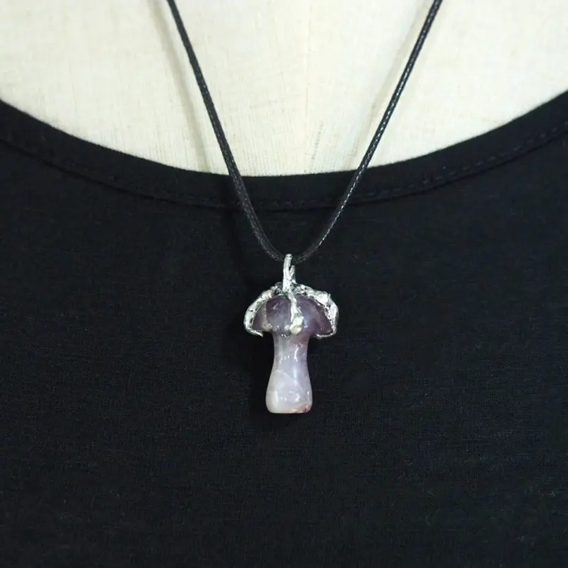 

Hot Pink Necklace Amethyst Rope Leather Mushroom Plant Handmade Soldered 20inch Jewelry Special Gift For Women
