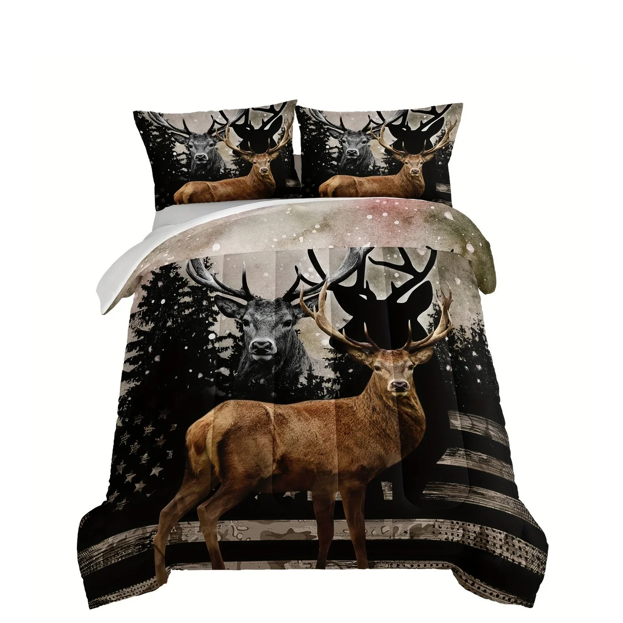 Polyester Duvet Set With Deer And Forest Print, 3pcs Duvet Cover + 2 Pillowcases