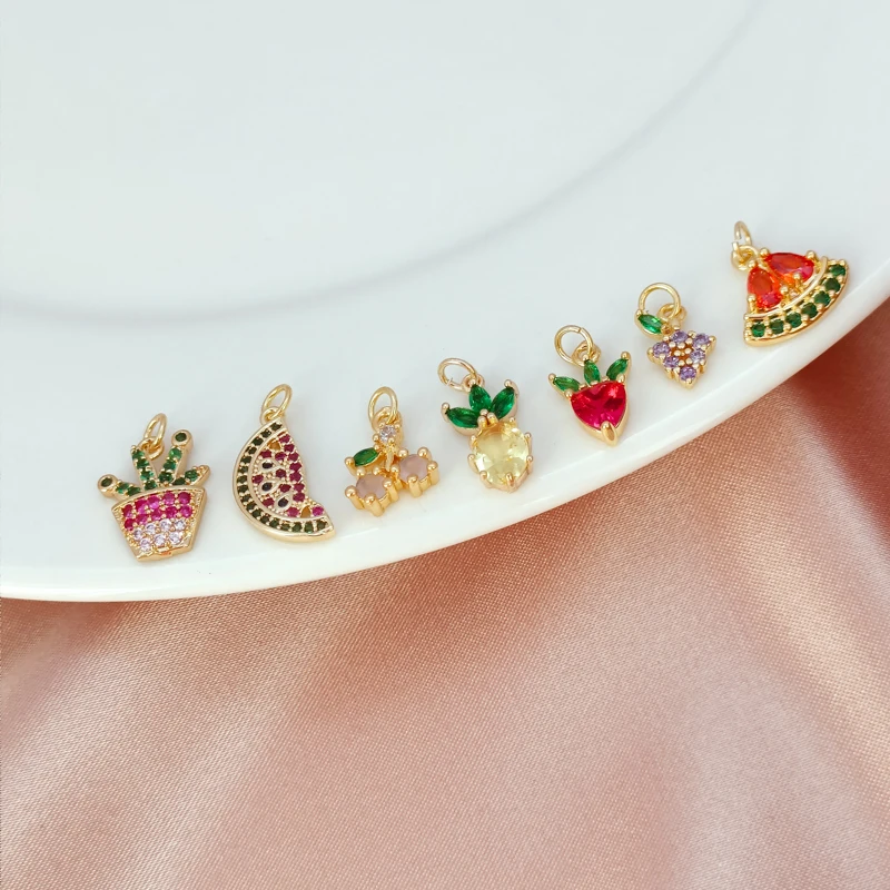 Colorful Zirconium Fruit 14K Gold-wrapped Pineapple, Watermelon, Grape, Strawberry, Cherry Small Pendant Bracelet DIY Accessory