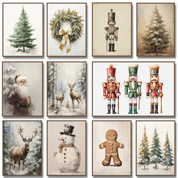 Vintage Christmas Tree and Santa Claus Poster Winter Farmhouse Scenery Wall Art Canvas Painting Modern Living Room Holiday Decor