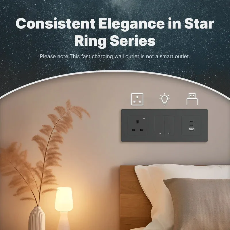 

MOES Star Ring Series 30 Вт Быстрая зарядка PD3.0 Настенная электрическая розетка Зарядное устройство Гнездо GaN 3 порта Тип C USB A Защита от перегрева