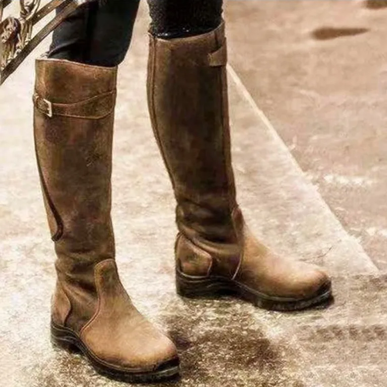Damen-Pu-Leder-Stiefel mit plissierter Schnalle, flache Reißverschlussstiefel, Retro-schwarze Western-Cowboystiefel, flache runde Zehen, Cosplay-Ritterstiefel