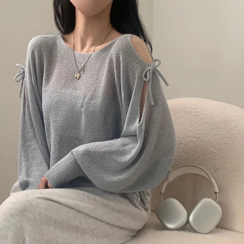 Loose Knitted Top Women Korean Sle Lace-up Shoulder Slit See-through Sun Protection Cover up Small Drop Shoulder Sleeve