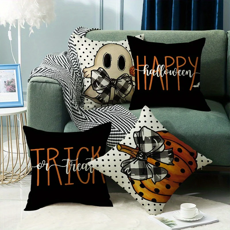 قطعة واحدة من غطاء وسادة الرمي المزخرف للهالوين، تصميم أشباح وأنماط اليقطين. مثالي لتزيين الهالوين في أريكة السرير