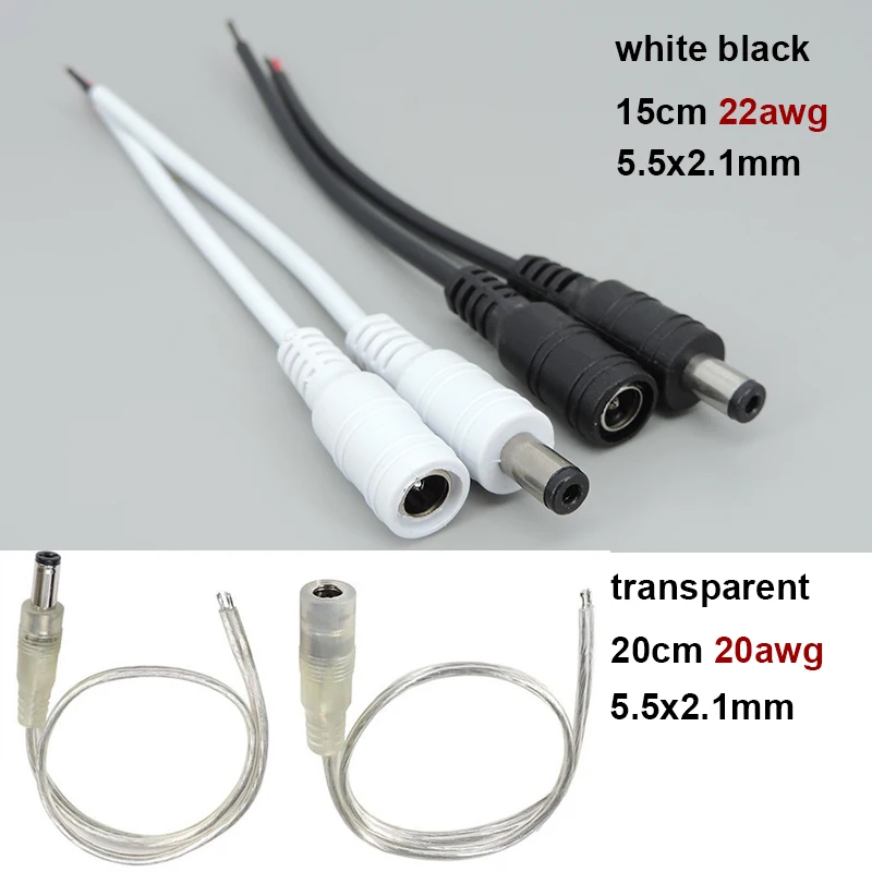 white transparent DC Male Female Power supply Plug Cable Wire pigtail cord 22awg Connector for neon lamp strip Light 5.5x2.1mm