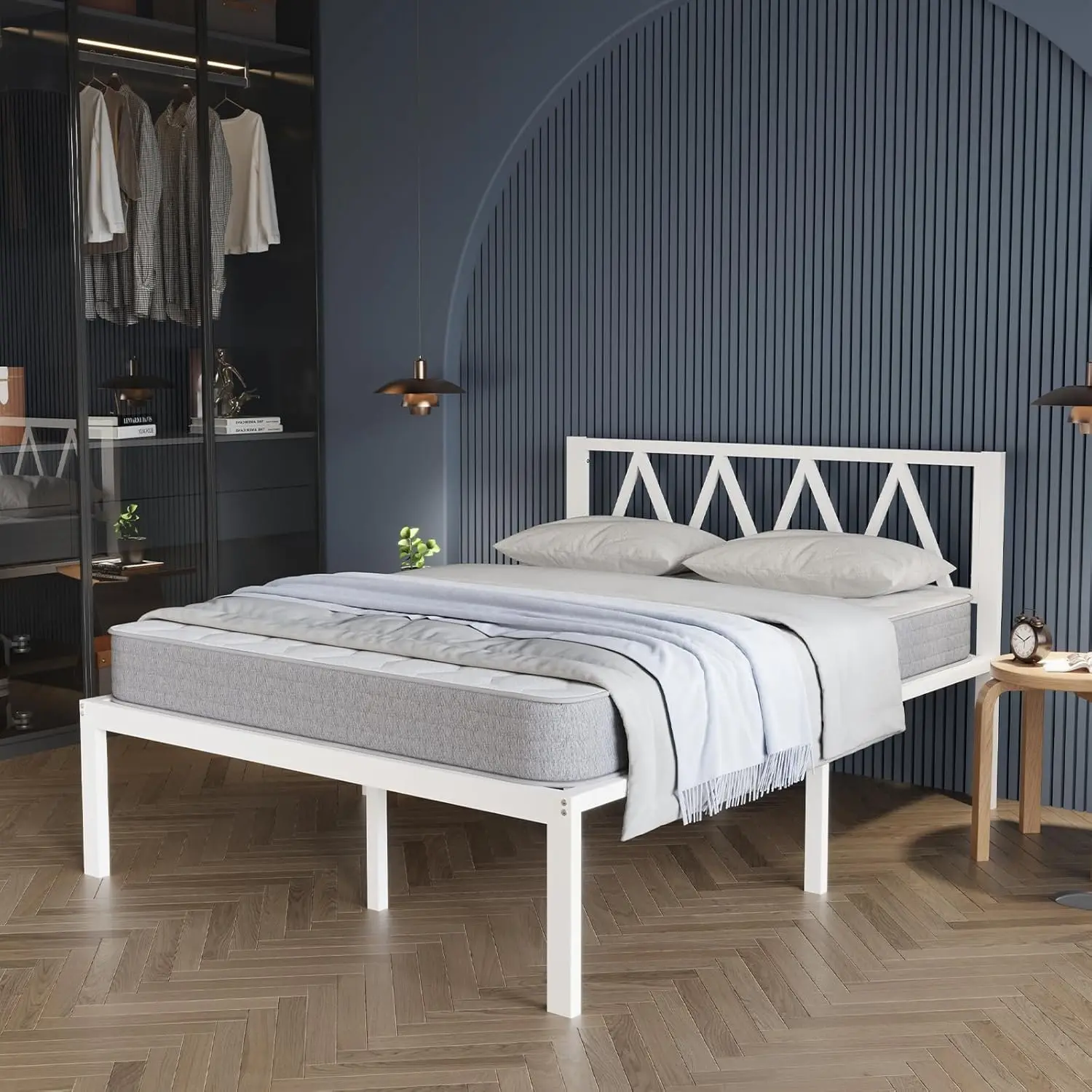 

14 H King Size Bed Frame With Headboard, White Metal Platform Bed Frame, King Bed Frame No Box Spring Needed, Easy Assembly,