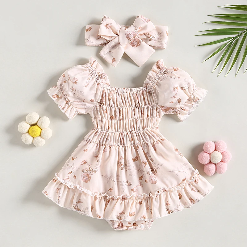 

Summer Baby Girls Romper Dress Puff Sleeve Off-shoulder Pleated Flower Print A-line Jumosuit with Bowknot Headband Kids Clothing