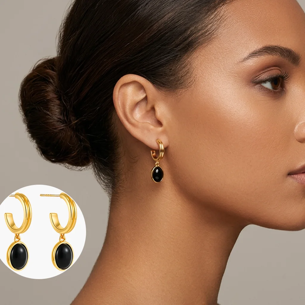 Pendientes colgantes vintage de piedra negra ovalada, delicados, pequeños, redondos, tipo Huggie, para mujer, con diseño de gota de agua, de acero inoxidable
