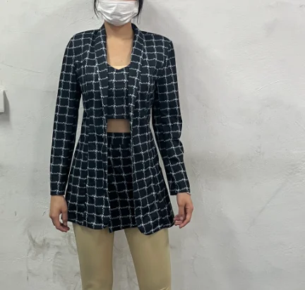 Fashion 3 Piece Set for Women 2023 Houndstooth Print Long Sleeve Shawl Collar Elegant Work Blazer Coat & Skirt Set with Crop Top