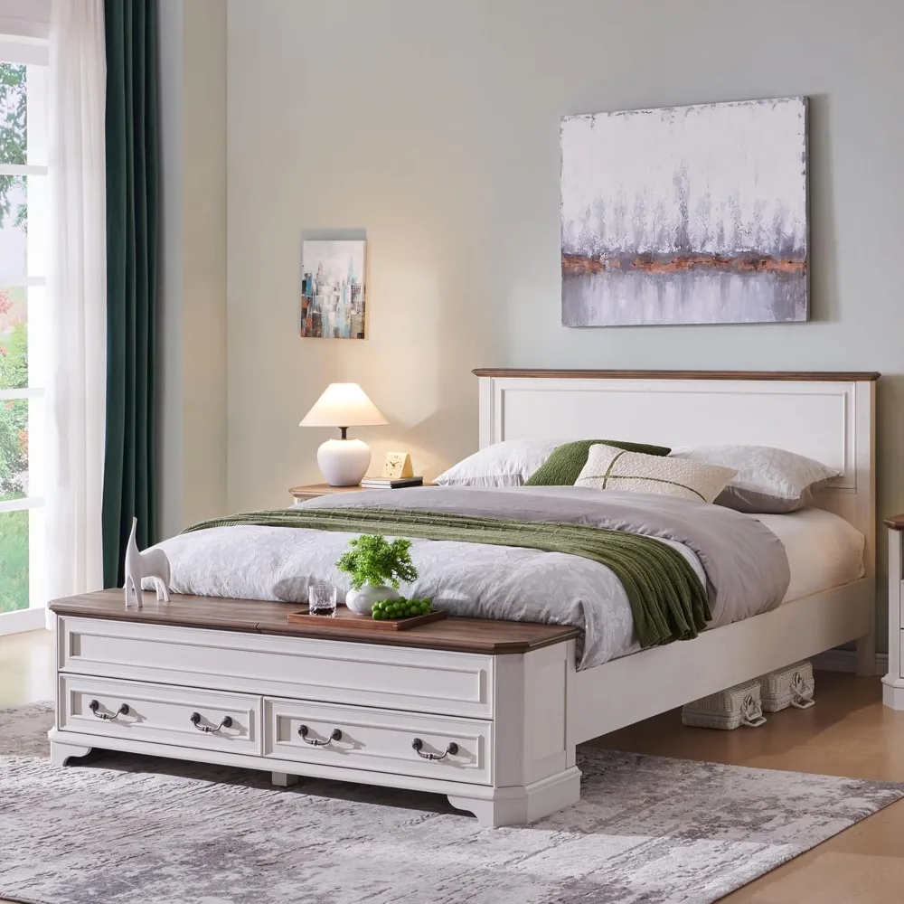 

Rustic Farmhouse Style Queen Bed with Headboard, Storage Bench, and 64" Antique Wood Storage Chest Featuring 4 Large Drawers