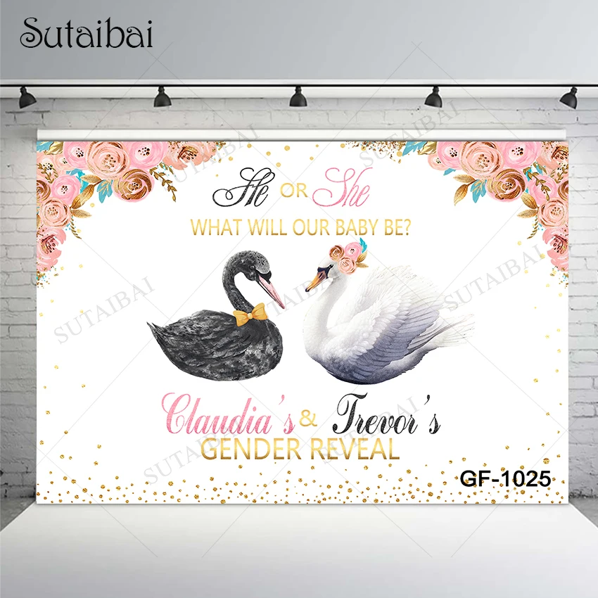 

Baby Gender Reveal Photography Background Custom Name Swan Gold Glitter Dot Newborn Supplie Family Portrait Shot Studio Backdrop