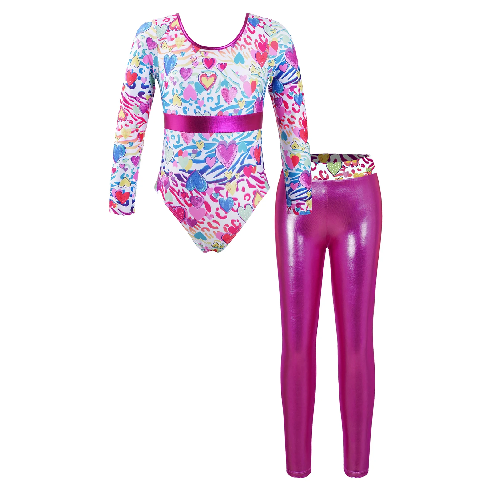 

Kids Girls Gymnastics Leotard New Long Sleeve Printed Jumpsuit with Elastic Leggings Pants for Ballet Dance Ice Skating Jumpsuit