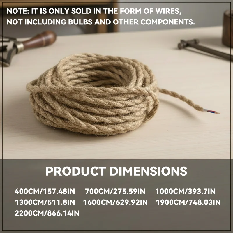 Pendant Cord, Jute Rope Electrical Wire, Vintage DIY Lamp Cable, 2 Core Copper, E27, Industrial