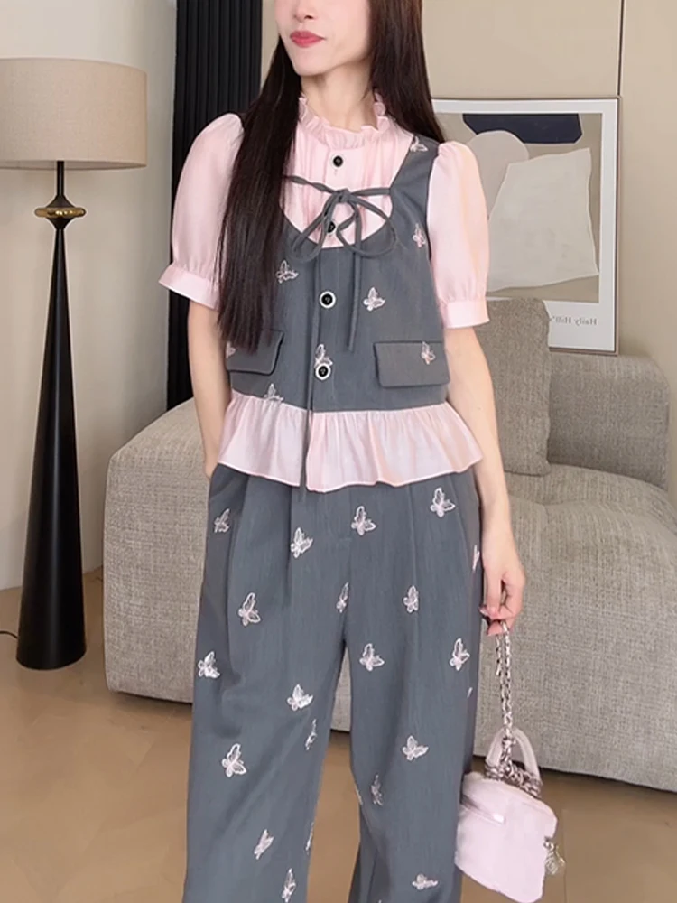 

French style fake two-piece stand up collar short sleeved lace-up shirt and casual pants women summer fashion sweet set
