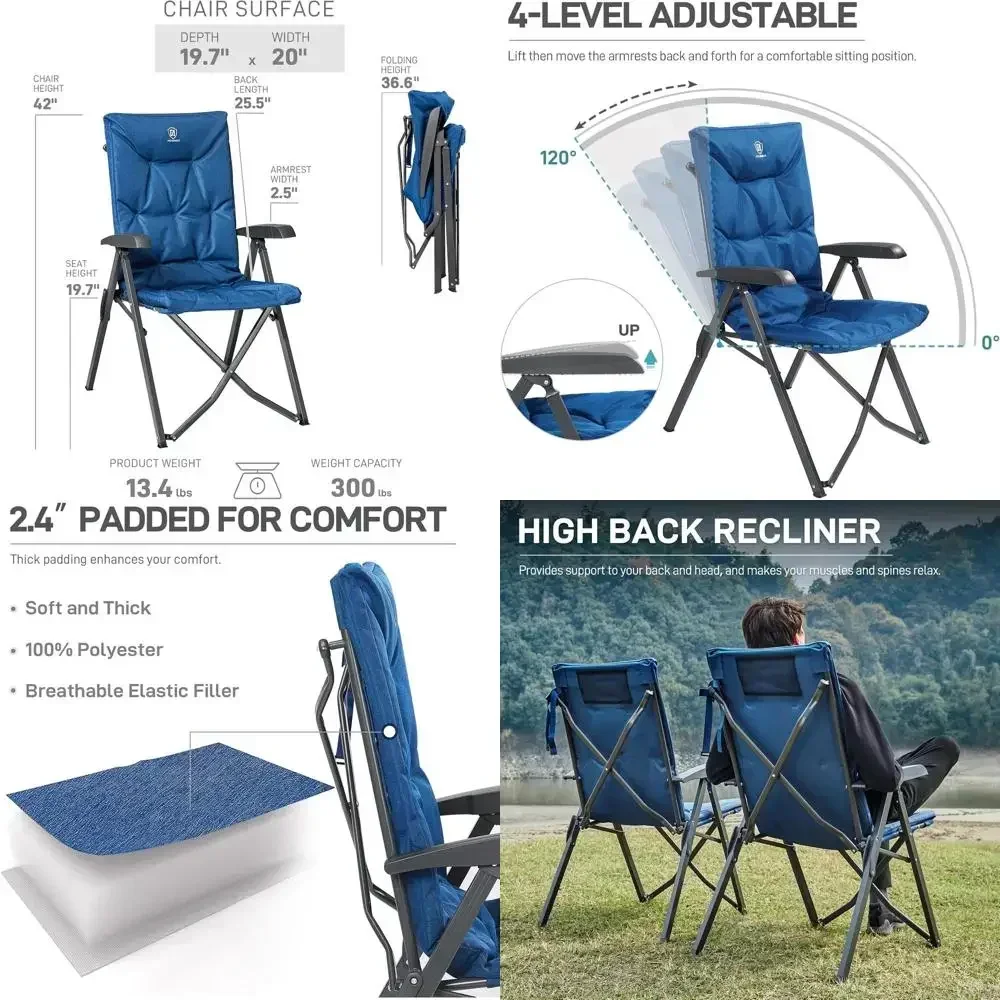 olding Padded Camping Chair 4 Pn Adjustable Recliner with High Back Support Portable or Adults, 300lbs Weight acity, Blue