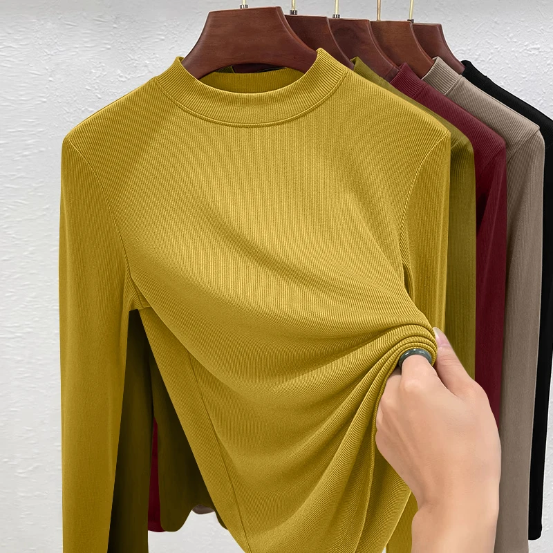 

Casual Long Sve Mid-Ne T-irt for Women Spring Autumn Sle Base Layer irt Inner Wear Top Ladies Slim Fit Pure Color