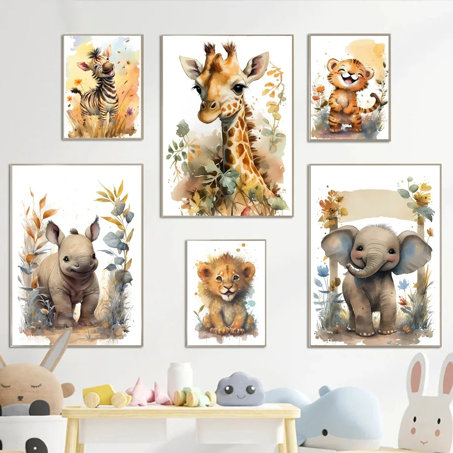 ジャングルタイガー象ライオンキリンゼブラサファリ動物保育園ポスター壁アートプリントキャンバス絵画写真キッズルームの装飾