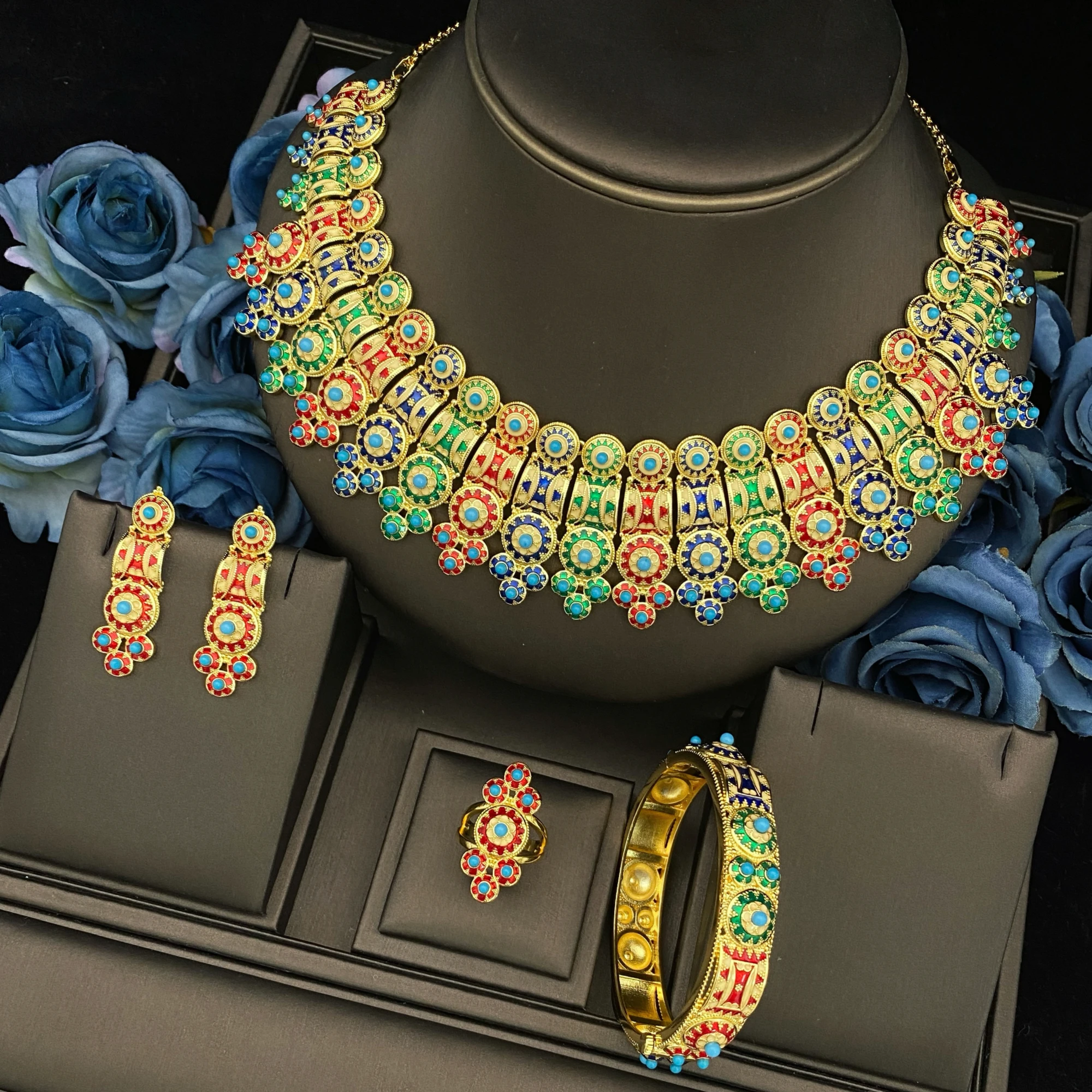 

Flora Vintage Luxury Women's Multicolor Gold Plated Jewelry Set Necklace Earrings Bracelet Party Gift Jewelry for Women Birthday