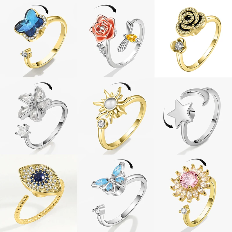 Anti Anxiety Relaxing Woman Ring Fashion Rose Sunflower Butterfly Fidget Spinner Rings Rotating Jewelry Anillos De Ansiedad