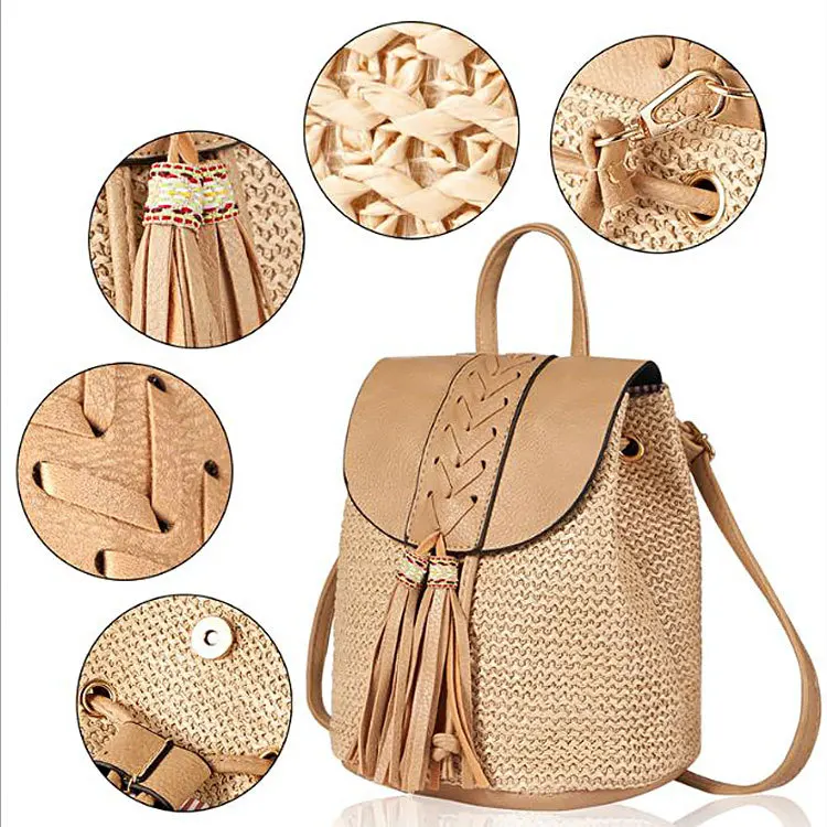 Women Backpack Drawstring Female Fashion Straw Bag Summer Beach Hollow Lady Weave Pack Bag Large Capacity Travel Shoulder Tote