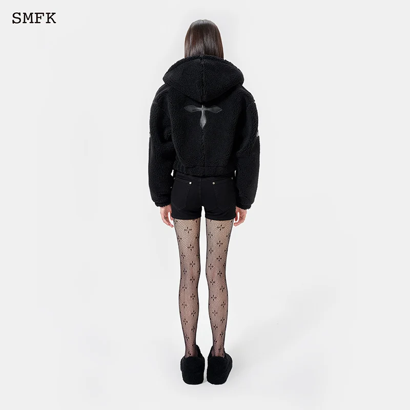 SMFK Women Handmade Lamb Fleece Hoodie Zip Hooded Cashmere Jacket  Short Thicker Woolen Jacket Babes Cashmere Short Coat CF002BS