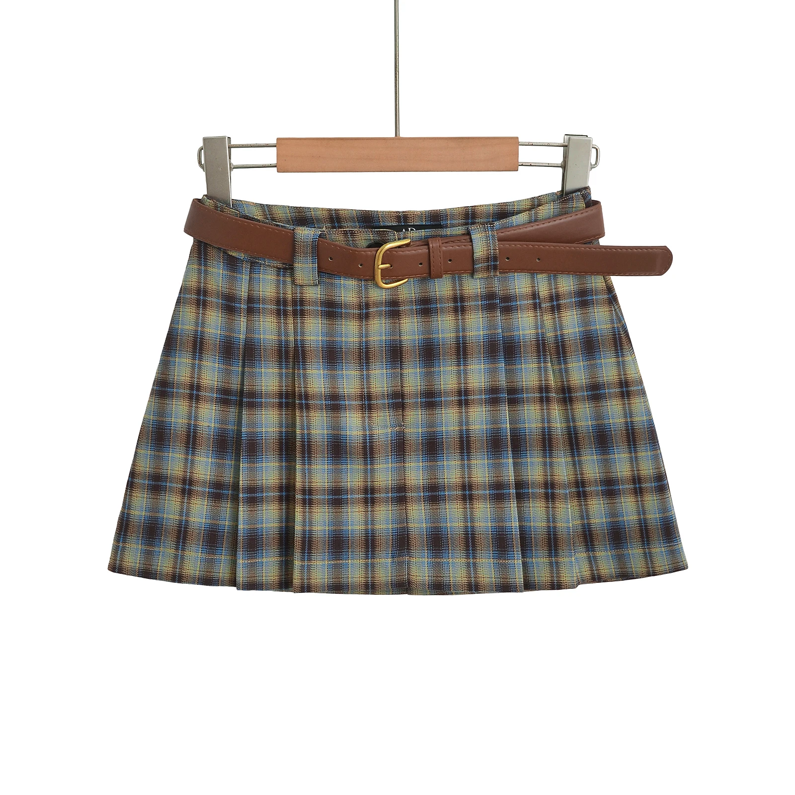 2024 Summer Skirts For Women Fashion A-Line Plaid Mini Skirt Vintage High Waisted Skirts Preppy Skirt With Safety Shorts & Belts