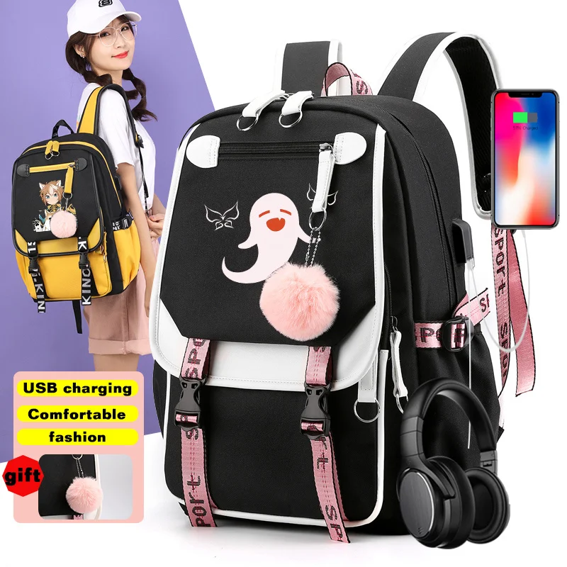 Genshin Impact Print Backpack for Teenagers Boys Stylish School Book Laptop Bag Bookbags Daypack Rucksack with USB Charging Port