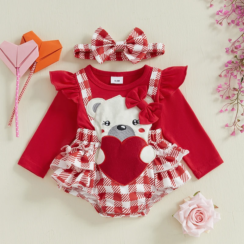 

Toddler Girls Pink Heart Print Long Sleeve Romper with Matching Headband for Valentine s Day Celebration