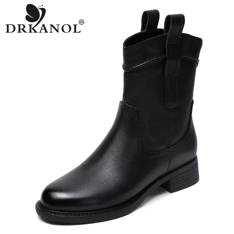 DRKANOL Fashion Women Mid Calf Boots Luxury Design Genuine Cow Leather Back Zipper Square Heel Street Style Casual Chelsea Boots