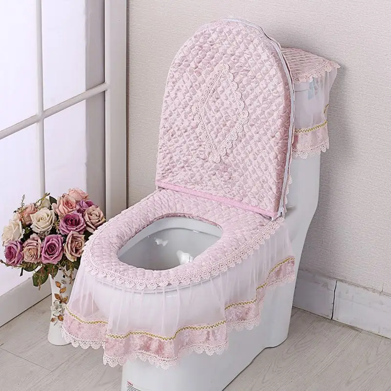 3 Pcs/Set European Style Decorative Toilet Cover Zippered Fully Wrapped Toilet Seat Mat Four Seasons Universal Toilet Seat Pad