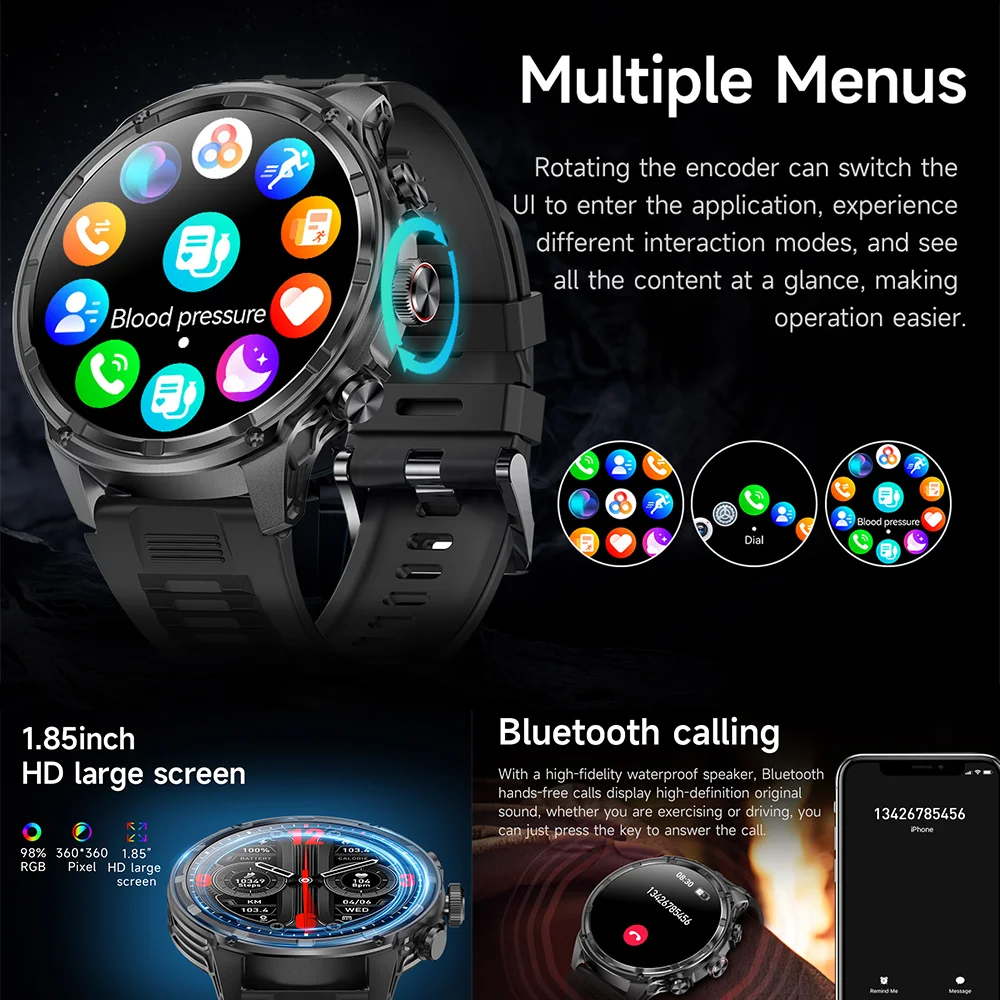 2025 chamada Bluetooth de nível militar de ultra-alta definição de 1,85 polegadas, bateria grande de 710mAh, smartwatch de rastreamento de fitness esportivo 170 +