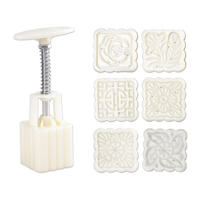 50g Moon Cake Mold 6 Stamps Square Barrel Mooncake Hand Pressure Pastry Mould DIY Bakware Mid-autumn Festival