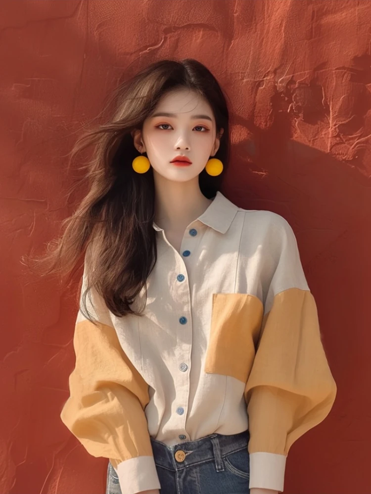 Chiffon Vintage Women's Shirt Spring/summer New Patchwork Korean Clothing Sales Loose Long Sleeves Top Fashion Women Blouses