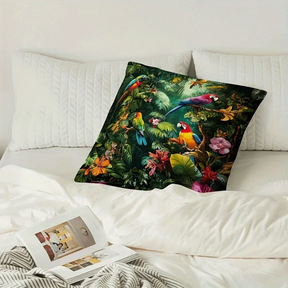 2D Flat Tropical Jungle Macaw Parrot Throw Pillow Cover Vibrant Rainforest Botanical Home Decor Cushion Case