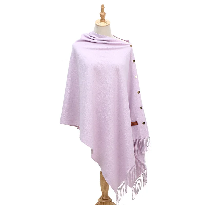 Spring Autumn Women Imitation Cashmere Lady Shawl Warm Pure Color Tassel Cloak Shawl Scarf Dual Purpose Poncho Capes Pink