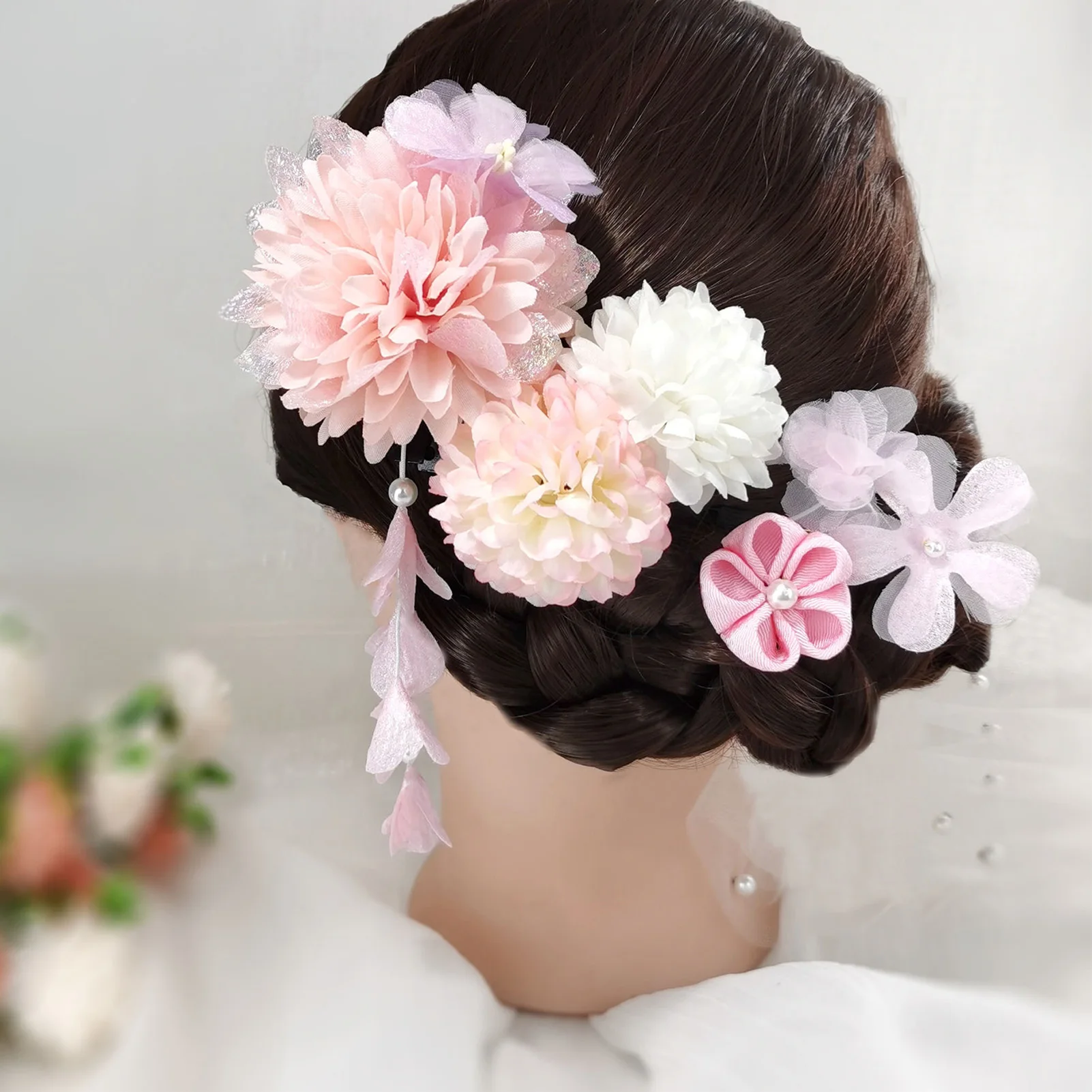 4pcs/set Japanese Style Fabric Flower Hair Sticks Long Straight Hair Stick With Flower Tassel For Women Girls Hair Accessories