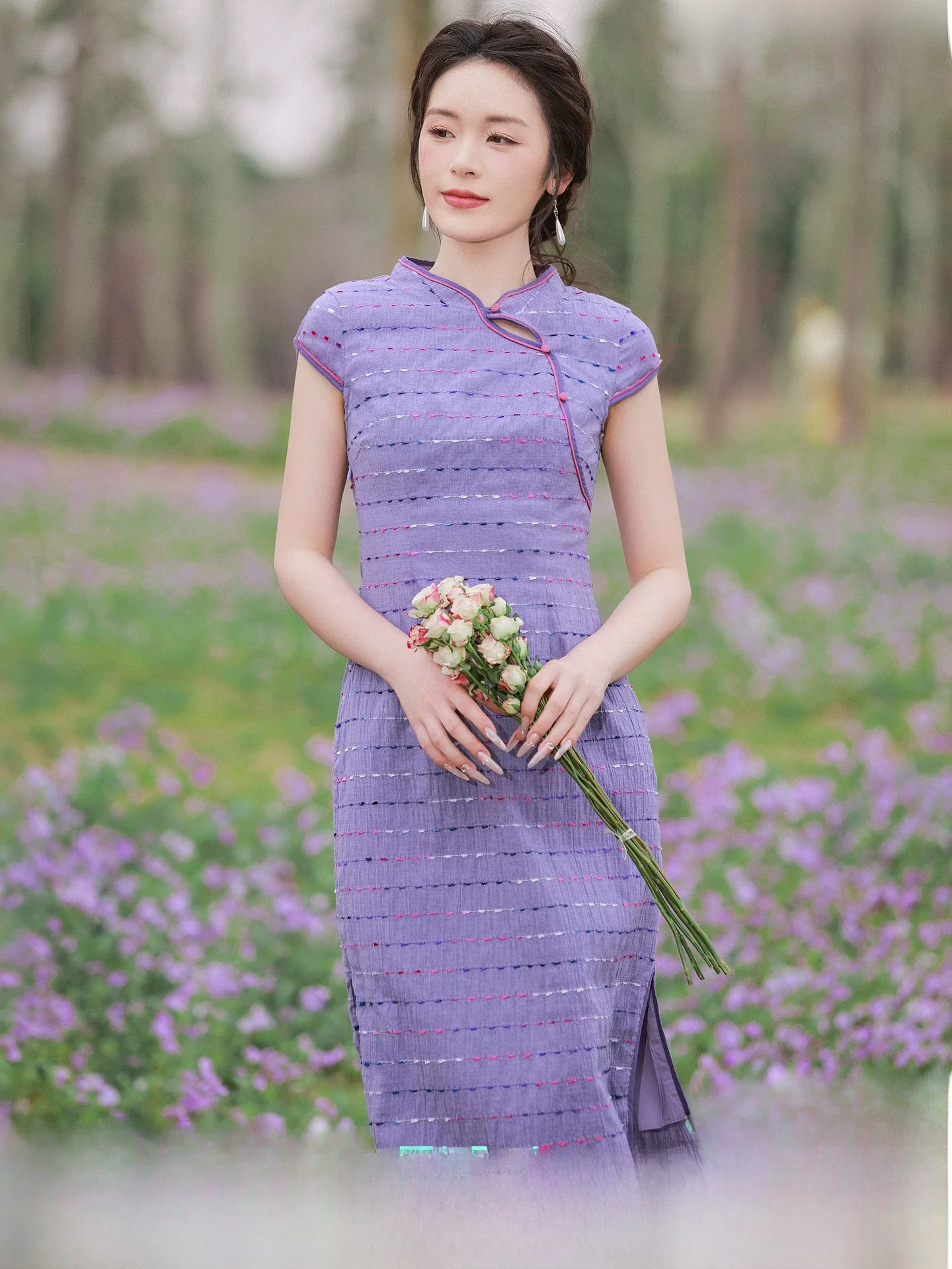 

New Chinese Style Mid-Length Women's Dress Flared Sleeve Short Sleeve Purple Flag Robe Summer New Arrival Retro Vintage Wind