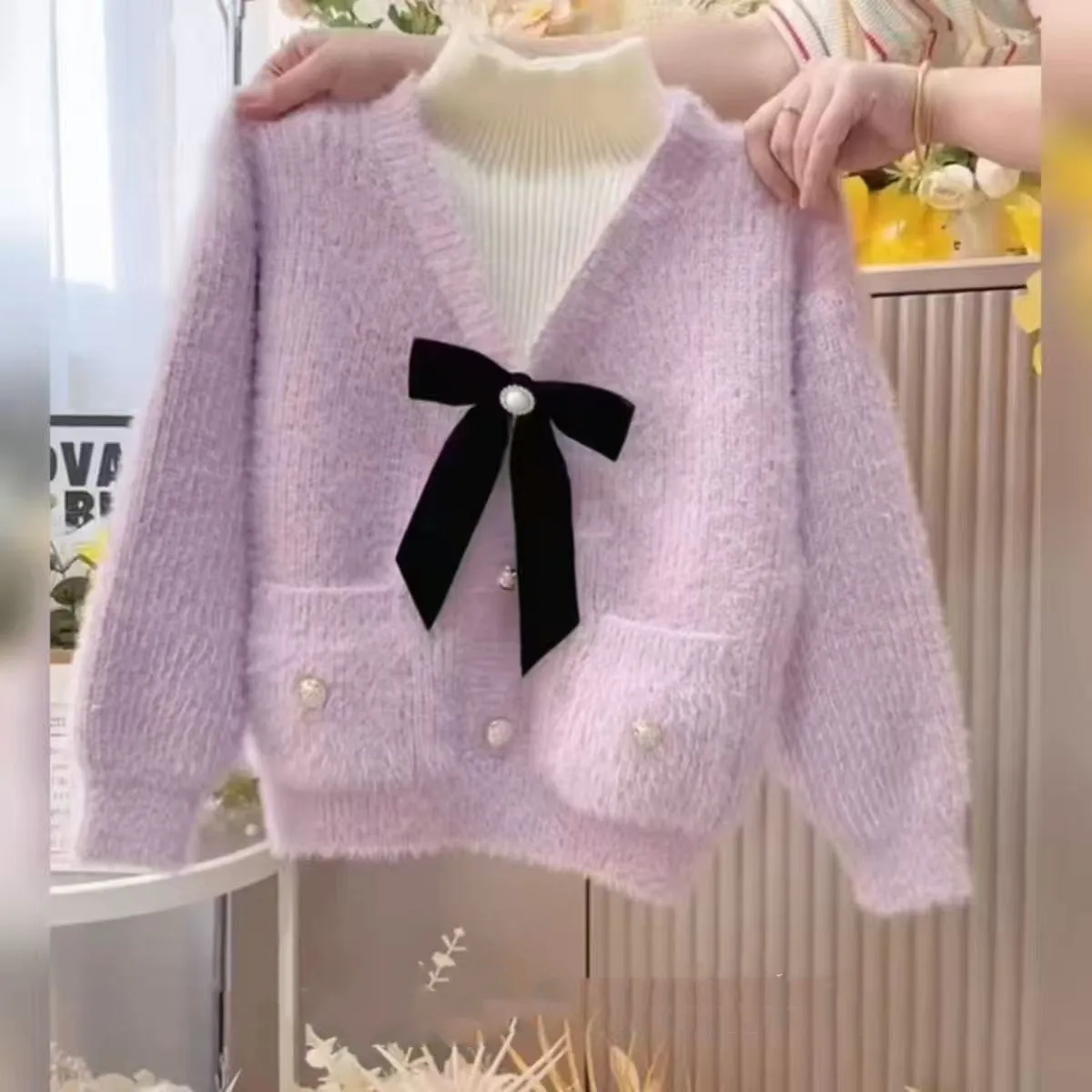 

Kids Girls Bow Tie Pullover Sweater Autumn and Winter New Children's Soft Imitation Mink Fur Casual High Neck Sweater
