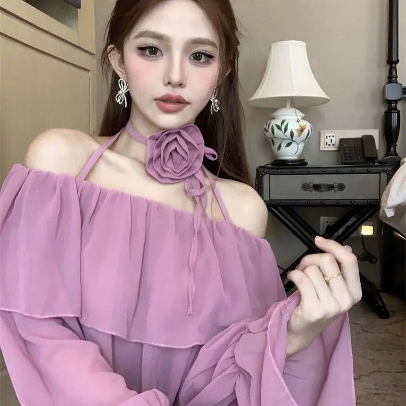 

New Lace-up Straight Neck Off Shoulder Sexy Long Sleeve Shirt Pleated Sweet Solid Solid Color Tops Fashion Korean Women Clothing