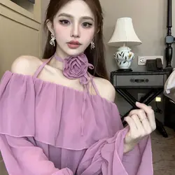 New Lace-up Straight Neck Off Shoulder Sexy Long Sleeve Shirt Pleated Sweet Solid Solid Color Tops Fashion Korean Women Clothing