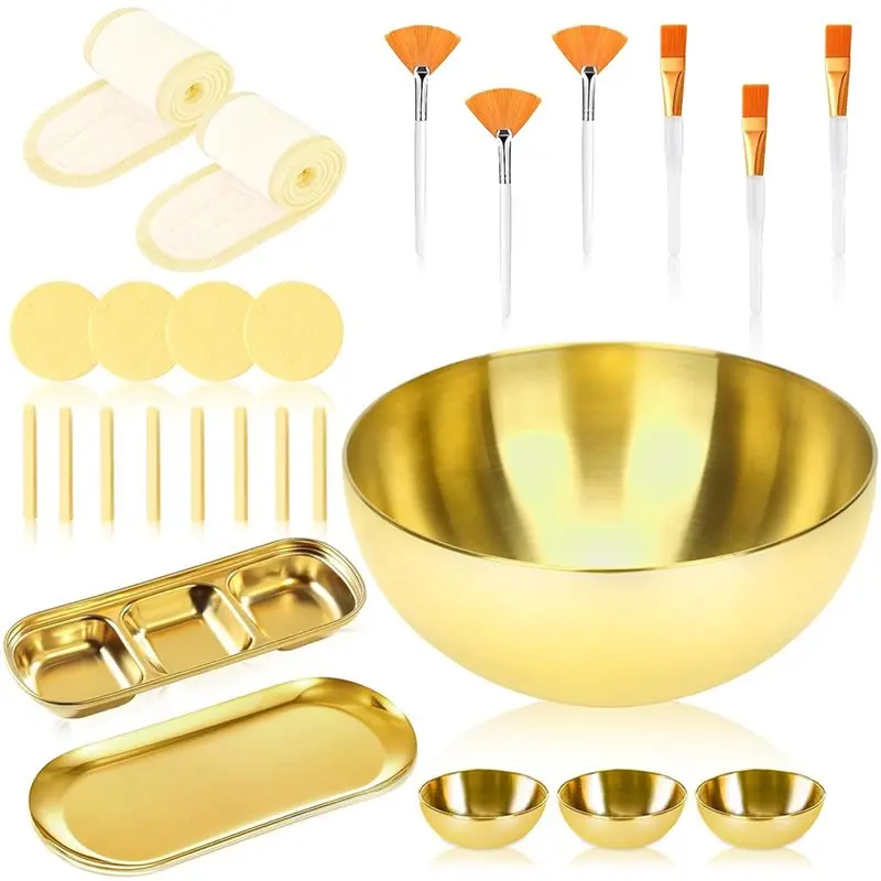 ABBN-26 Gold Esthetician Supplies 3 Fan Brushes 3 Facial Mask Mixing Bowls 3 Facial Flat Brushes
