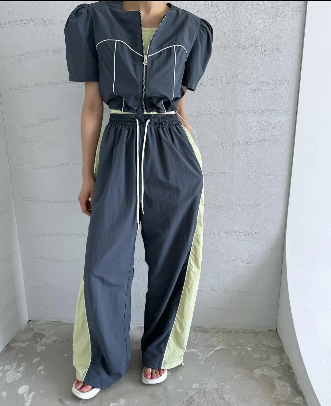 

Women's Bubble Sve Windbreaker Cardigan ort Waist Slimming Loose Straight Leg Casual Pants Set Autumn Faion Polyester