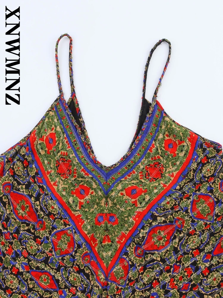 XNWMNZ 2025 Estate Donna Chic Moda Colletto a V Spalla midi boho Vacanza Femminile tracolla sottile Senza maniche Abiti senza schienale