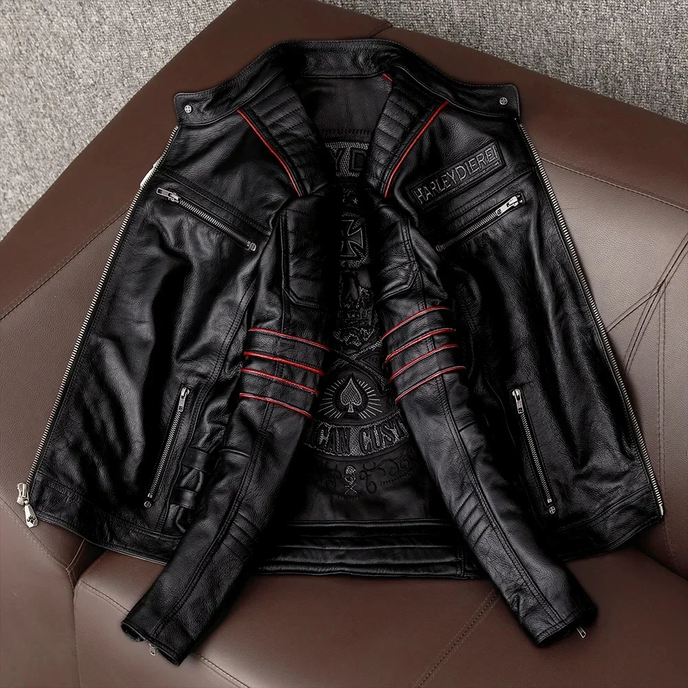 AYUNSUE Genuine Cow Leather Jacket Men Autumn Fashion Real Cowhide Coats Embroidery Short Jackets Motorcycle