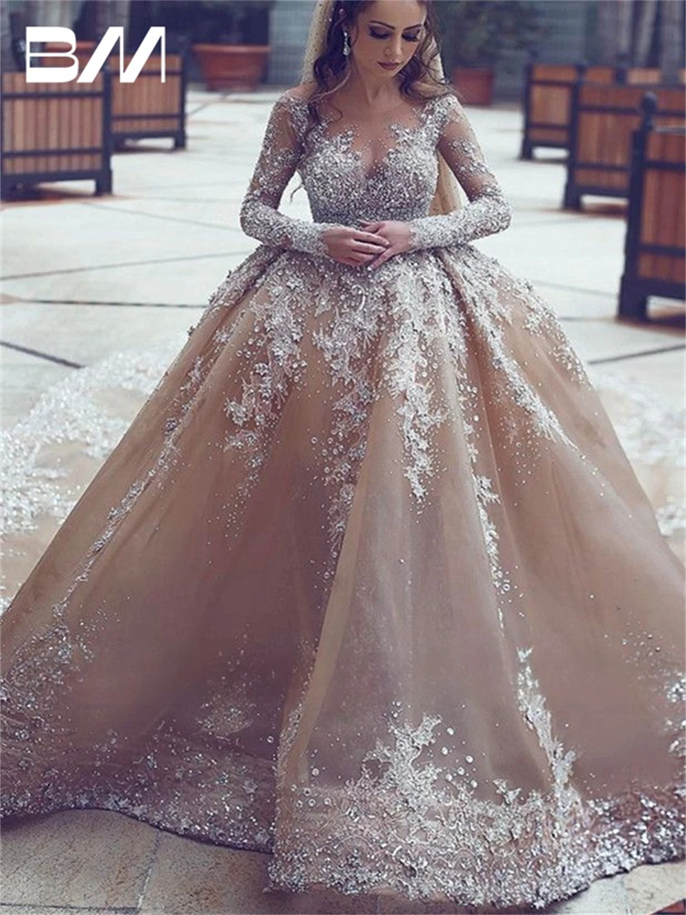 

Champagne Long Sleeves Wedding Dress Customized Lace Beading Bride Dresses Sheer Neck Chapel Train Luxury Bridal Gown