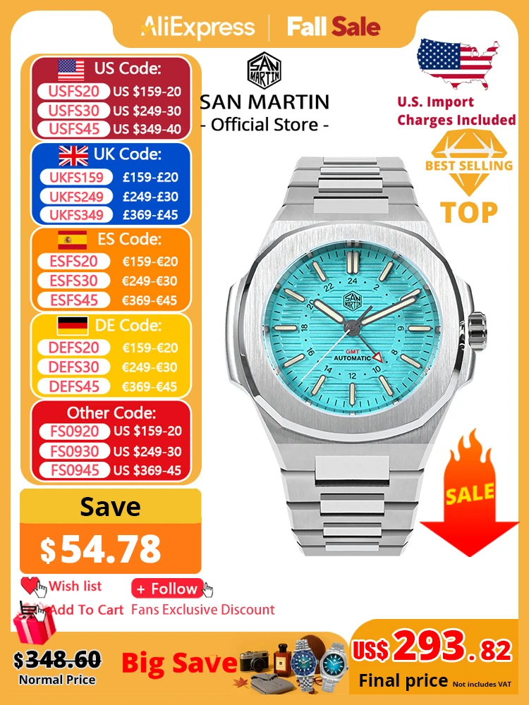 

San Martin Mens Watch New 43mm GMT Classic Business Luxury Automatic Mechanical Watches for Men Sapphire 10Bar BGW-9 Luminous