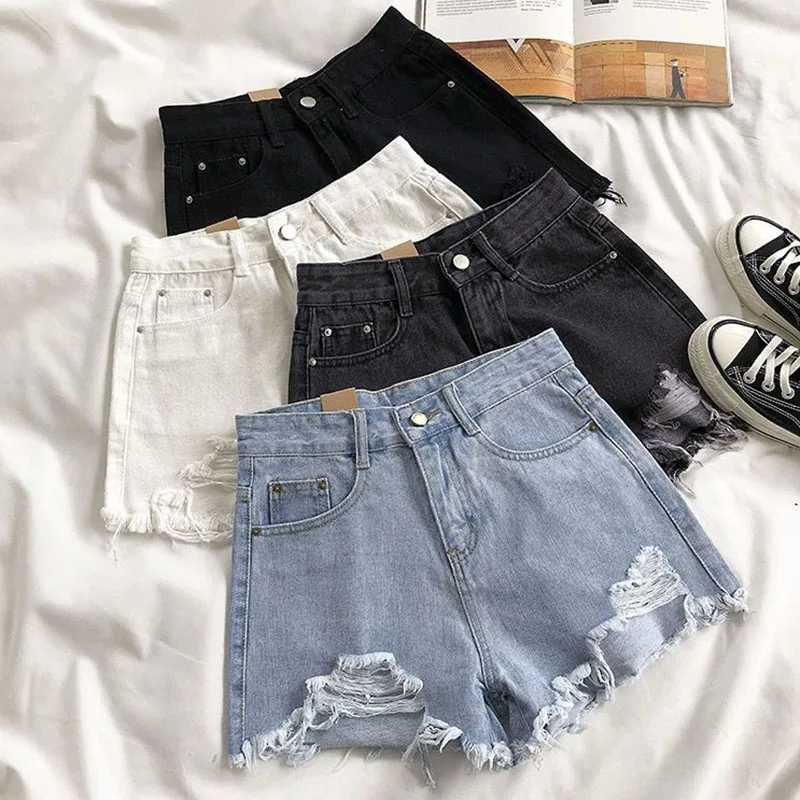 Moda coreana feminina com buracos rasgados shorts jeans, jeans curto de cintura alta, calça feminina de perna larga, casual de rua, verão