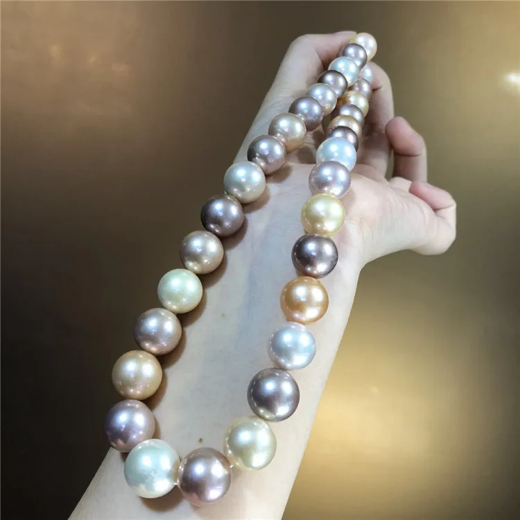 Hand knotted natural large 11-13mm color freshwater pearl temperament micro inlay zircon clasp necklace fashion jewelry